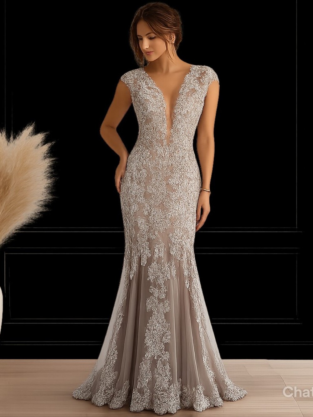 Mandaly Elegant Champagne Lace Mermaid Evening Dress Size 12
